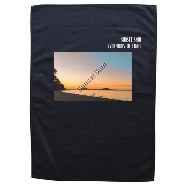 Beach stroll, front - Black Tea Towel Thumbnail