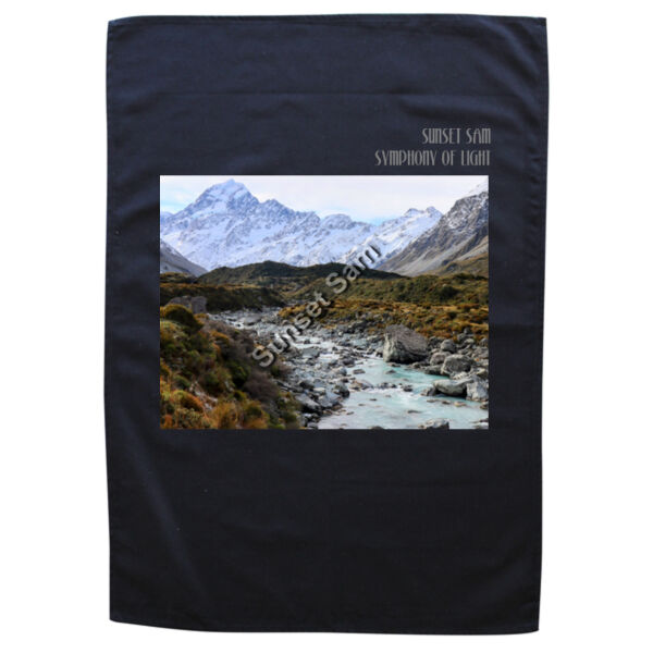 Curved creek from Mount Aoraki, front - Black Tea Towel Thumbnail
